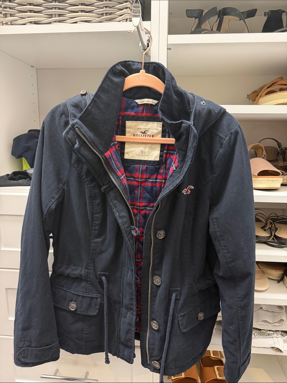 Hollister women’s Navy Utility Jacket with Red Plaid Lining